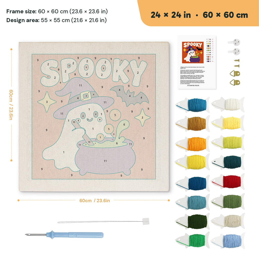 Spooky Brew Ghost punch needle kit, 24 × 24 in (60 × 60 cm): canvas size and kit contents