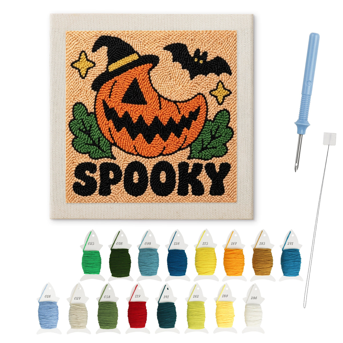 Spooky Pumpkin Grin punch needle kit: finished canvas with threads, punch needle and threader