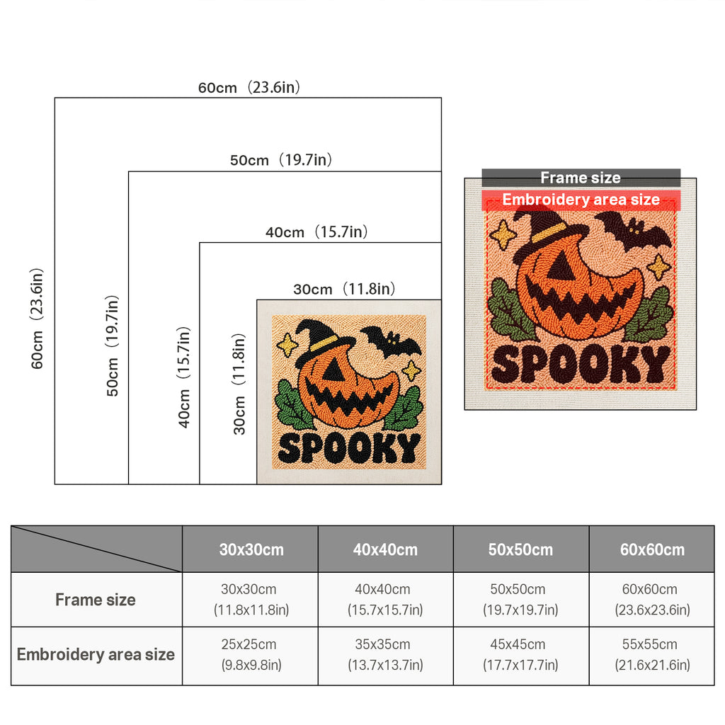 Size chart for square punch needle kits from 30 x 30 cm to 60 x 60 cm