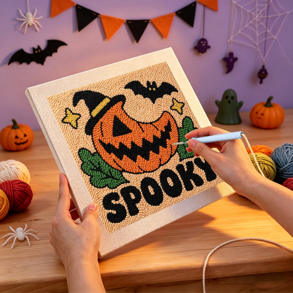 Punching the Spooky Pumpkin Grin design with the punch needle