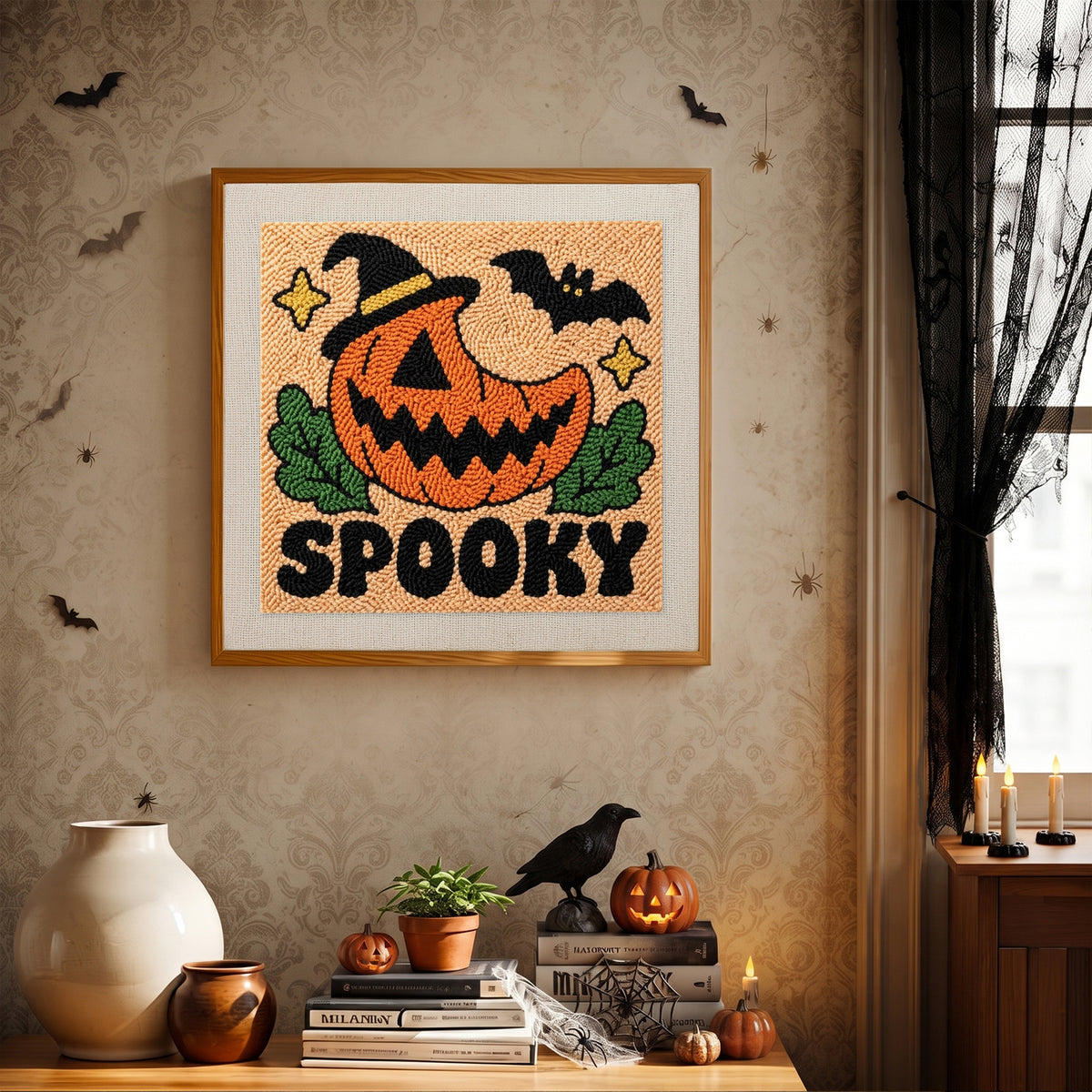 Finished Spooky Pumpkin Grin punch needle canvas on a wall