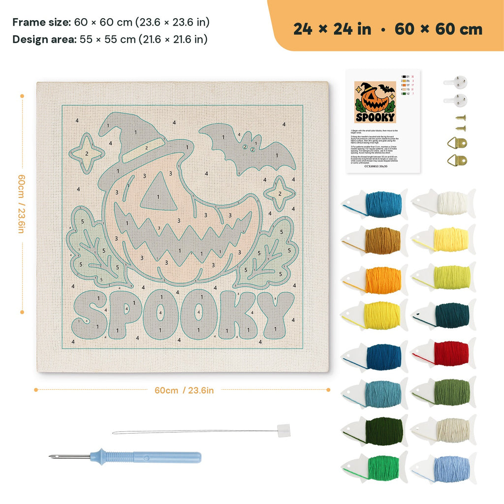 Spooky Pumpkin Grin punch needle kit, 24 × 24 in (60 × 60 cm): canvas size and kit contents