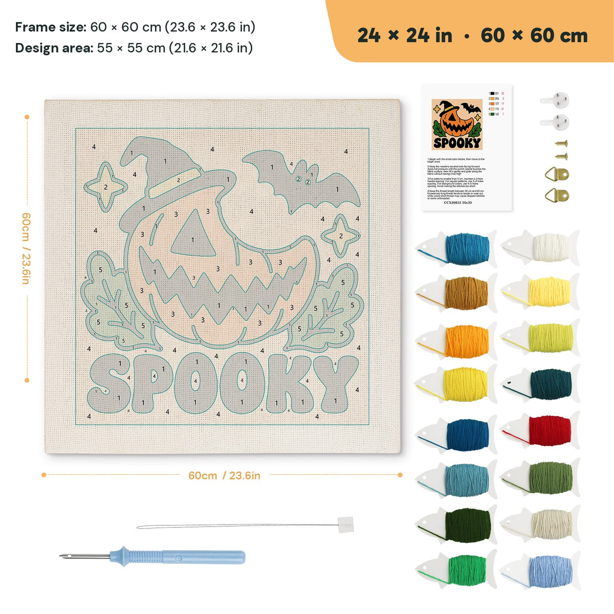 Spooky Pumpkin Grin punch needle kit, 24 × 24 in (60 × 60 cm): canvas size and kit contents