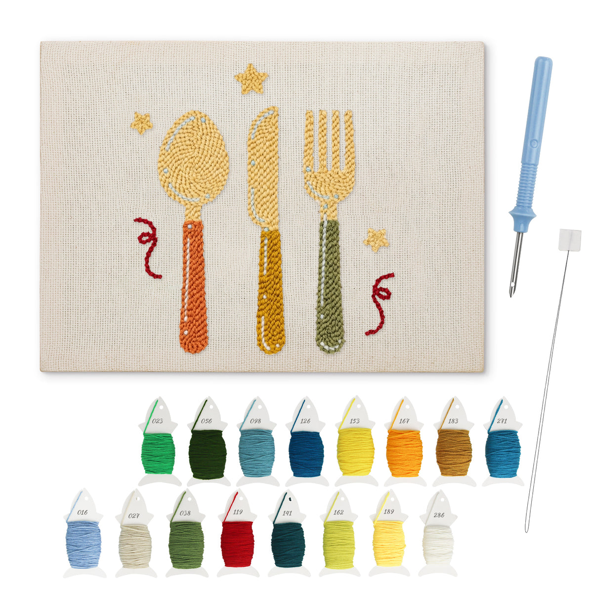 Spoon Knife Fork punch needle kit: finished canvas with threads, punch needle and threader