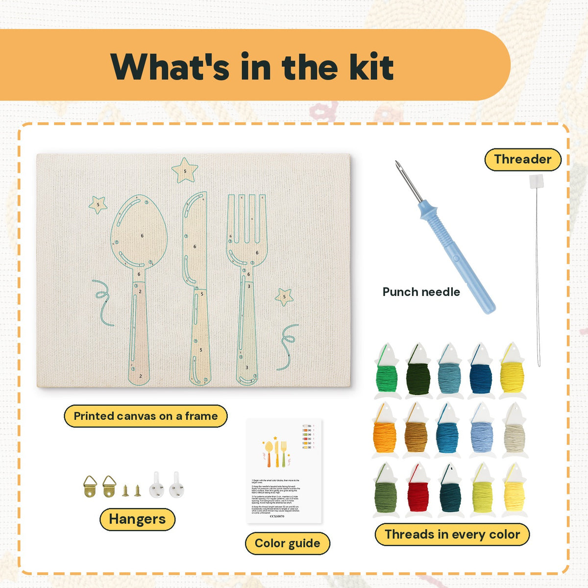 What is in the Spoon Knife Fork kit: printed canvas, punch needle, threader, threads, color guide and hangers