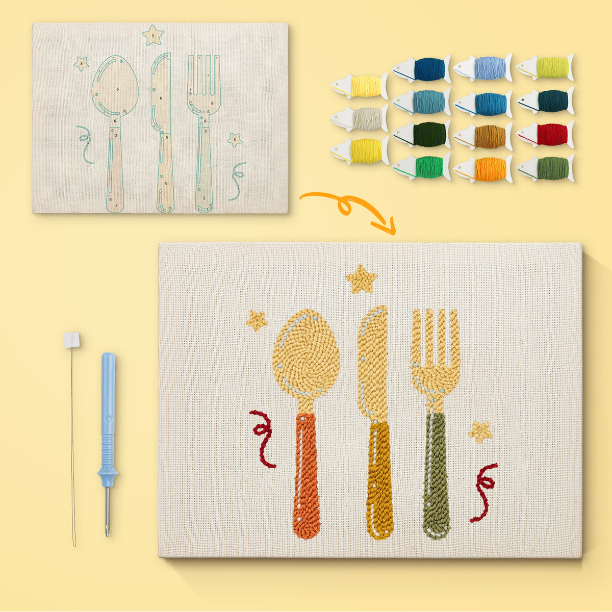 Spoon Knife Fork canvas before and after punching, with the threads and tools