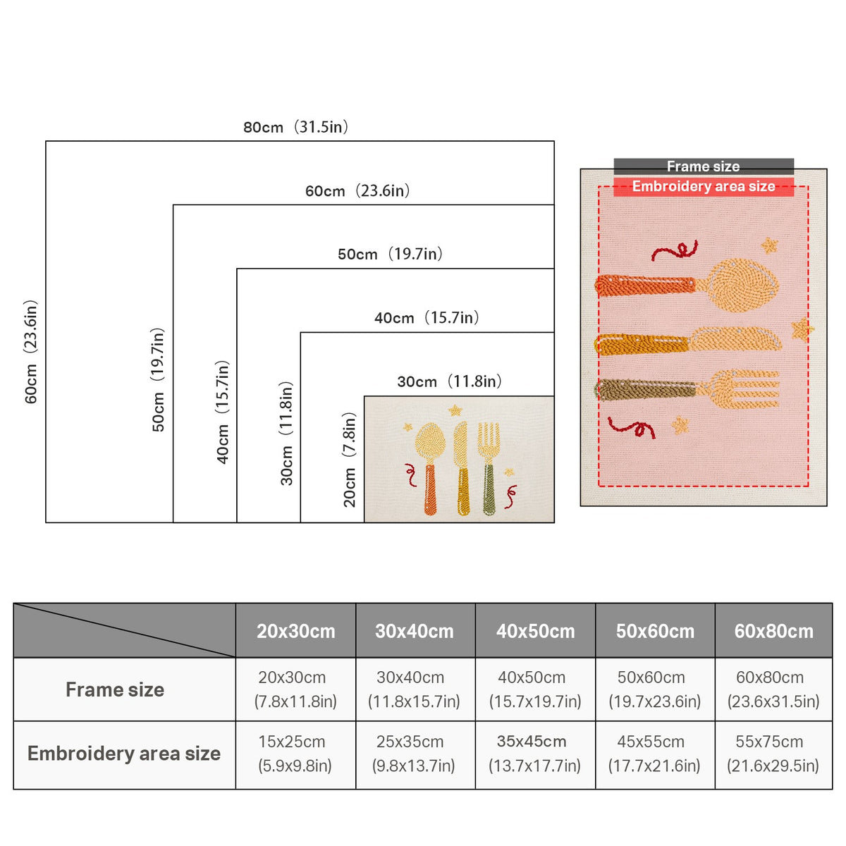 Size chart for punch needle kits from 20 x 30 cm to 60 x 80 cm