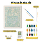What is in the Stained Glass Shore kit: printed canvas, punch needle, threader, threads, color guide and hangers