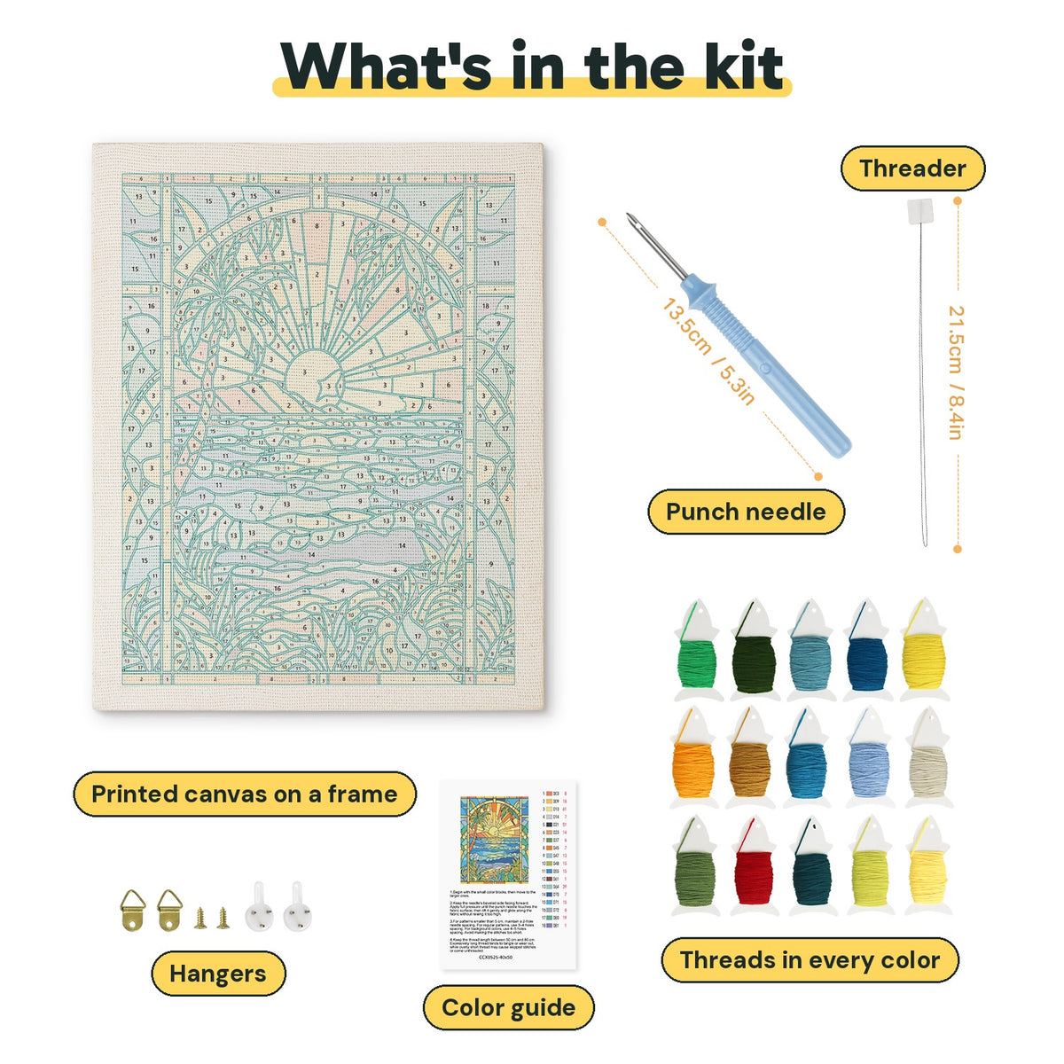 What is in the Stained Glass Shore kit: printed canvas, punch needle, threader, threads, color guide and hangers