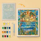 Stained Glass Shore canvas before and after punching, with the threads and tools