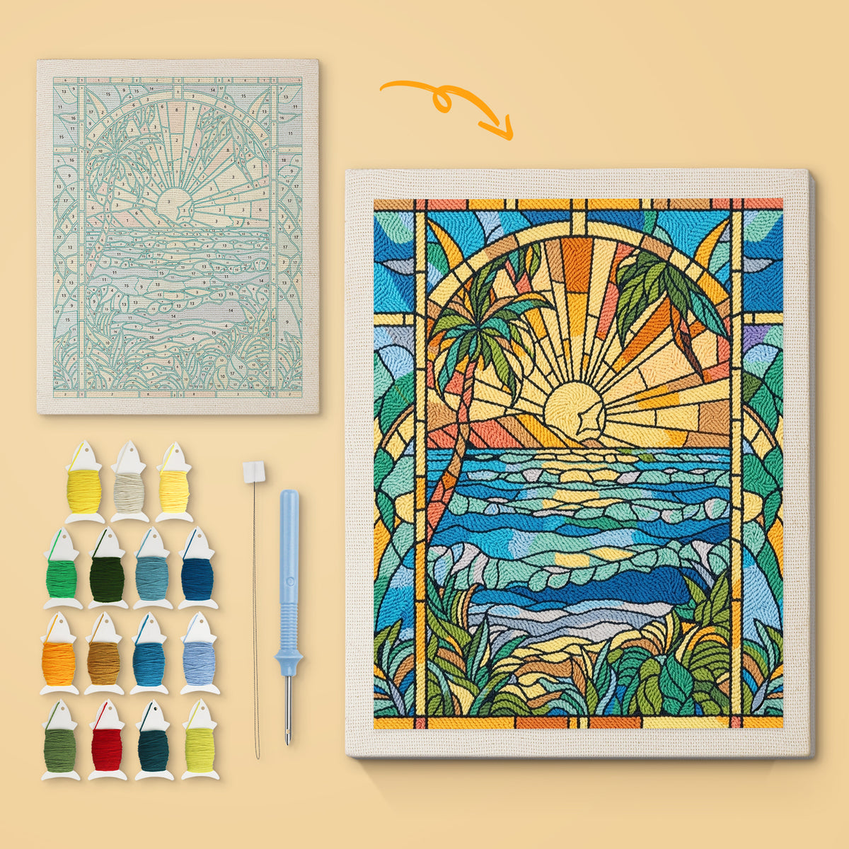 Stained Glass Shore canvas before and after punching, with the threads and tools