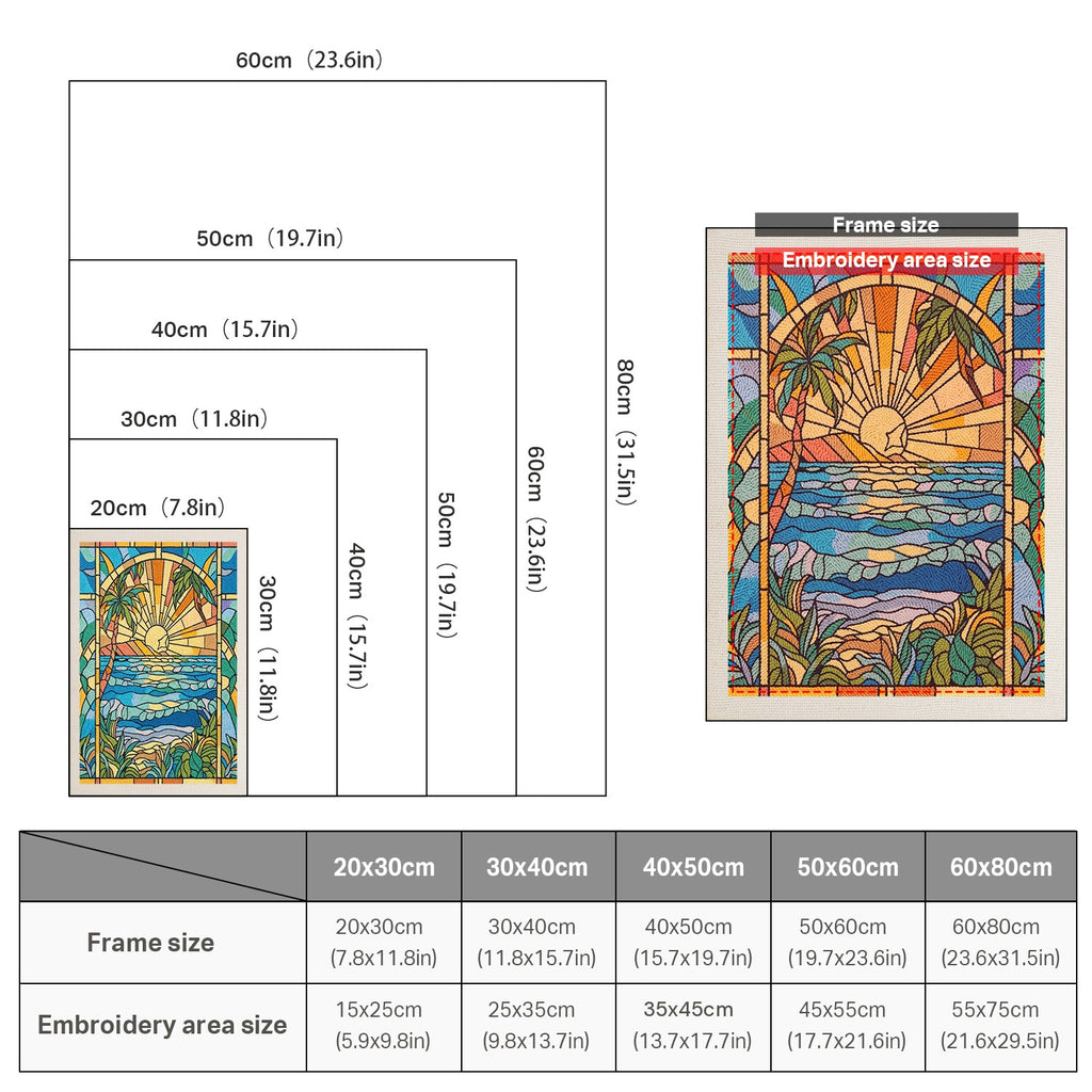Size chart for punch needle kits from 20 x 30 cm to 60 x 80 cm