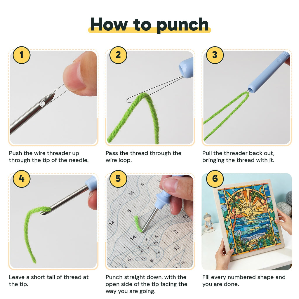 Six steps showing how to thread and use the punch needle