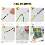 Six steps showing how to thread and use the punch needle