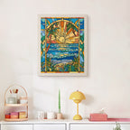Finished Stained Glass Shore punch needle canvas on a wall
