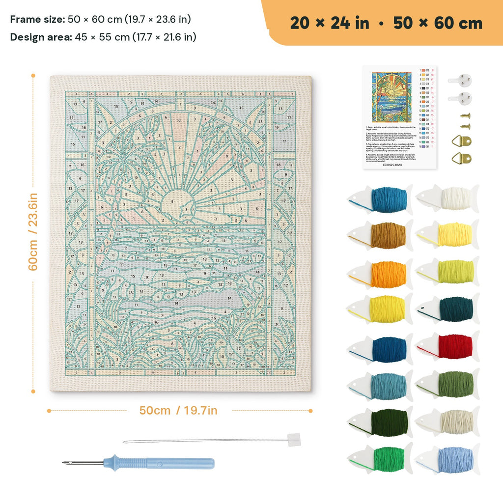 Stained Glass Shore punch needle kit, 20 × 24 in (50 × 60 cm): canvas size and kit contents