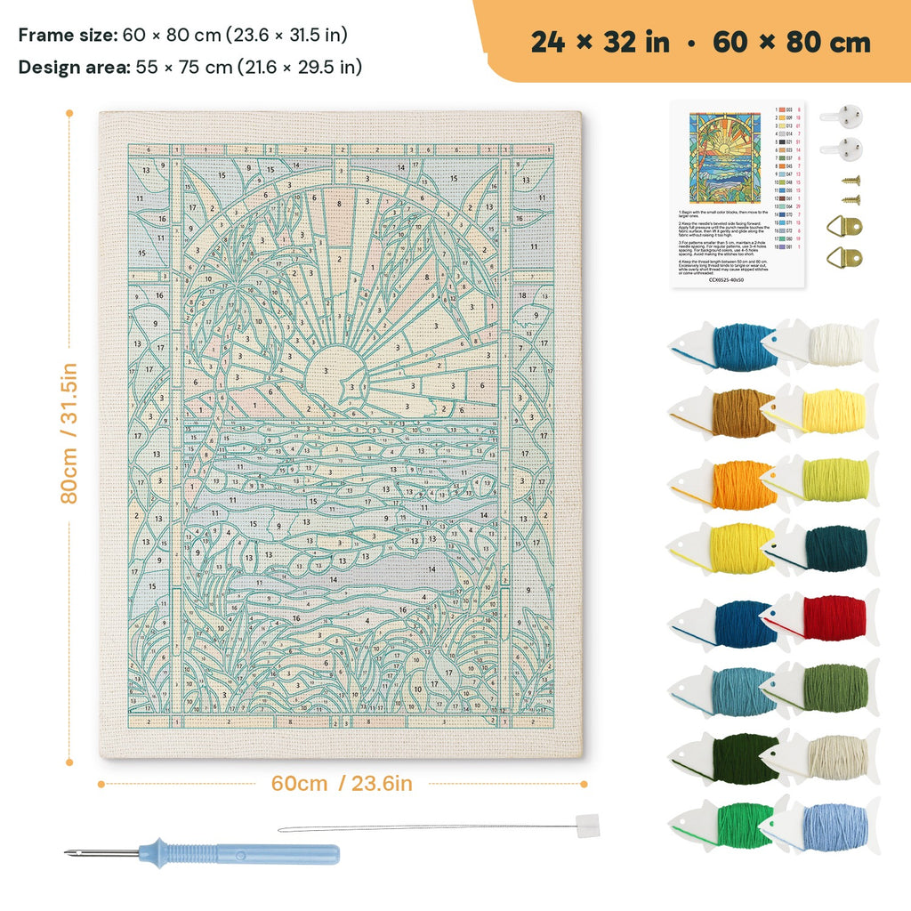 Stained Glass Shore punch needle kit, 24 × 32 in (60 × 80 cm): canvas size and kit contents