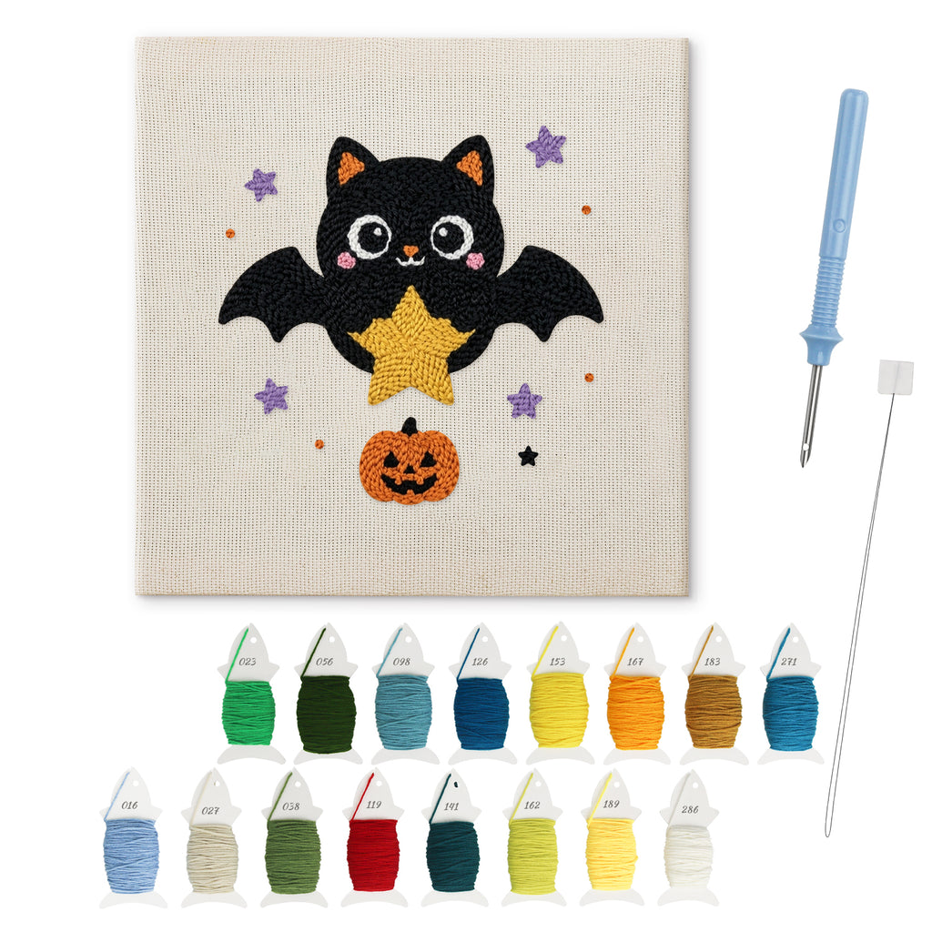 Star Bat Cat punch needle kit: finished canvas with threads, punch needle and threader