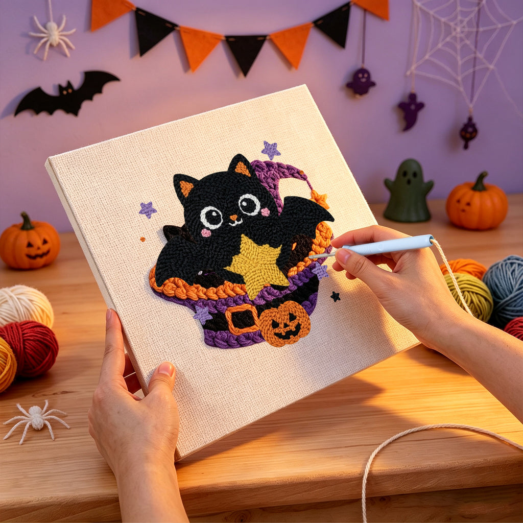 Punching the Star Bat Cat design with the punch needle