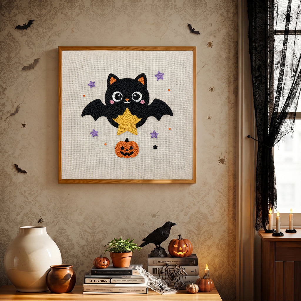 Finished Star Bat Cat punch needle canvas on a wall