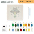 Star Bat Cat punch needle kit, 16 × 16 in (40 × 40 cm): canvas size and kit contents