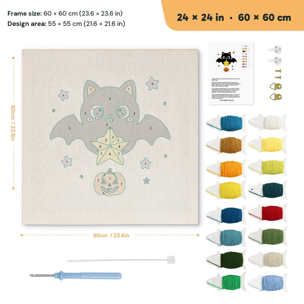 Star Bat Cat punch needle kit, 24 × 24 in (60 × 60 cm): canvas size and kit contents
