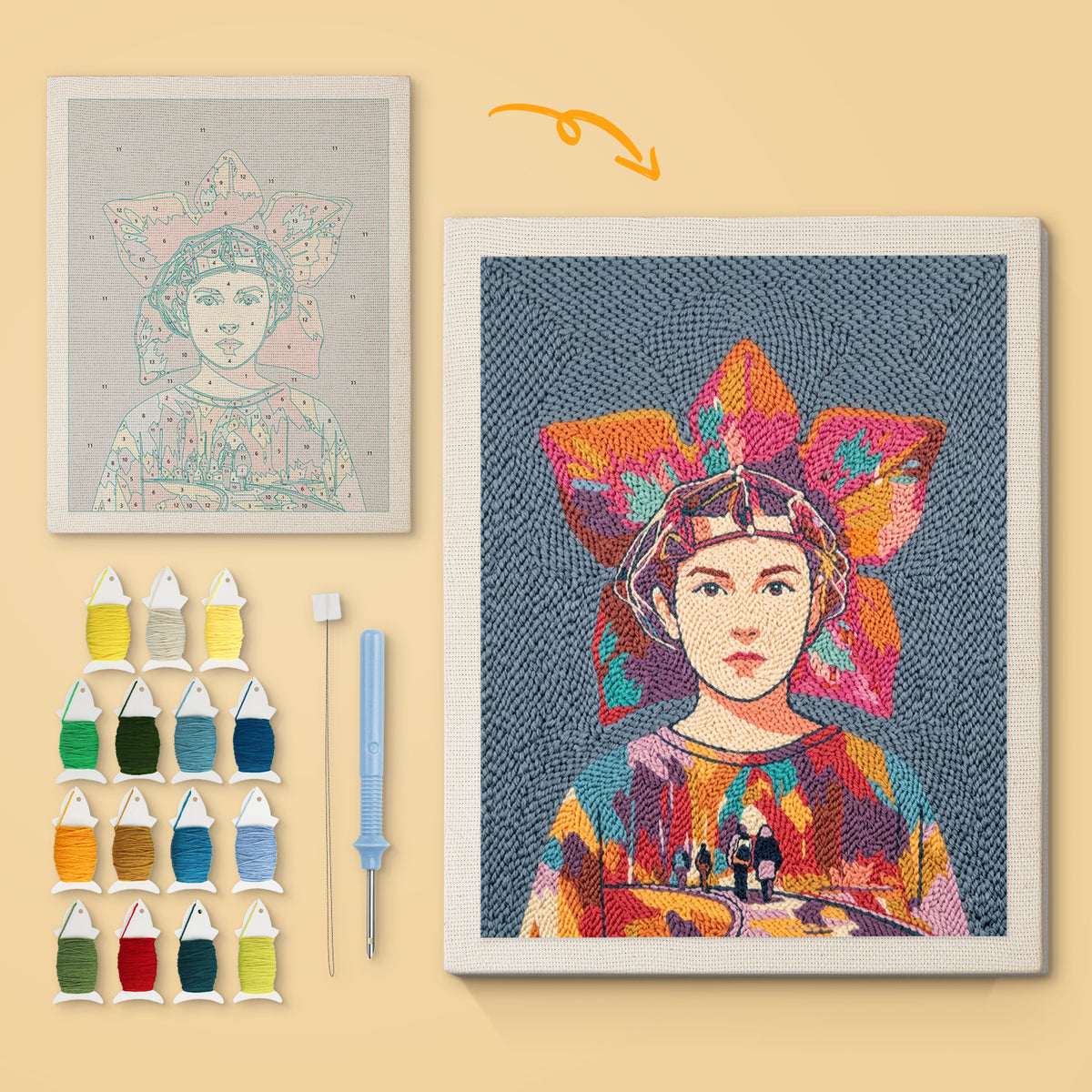 Star Headdress Girl canvas before and after punching, with the threads and tools