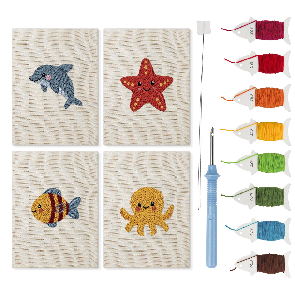 Starfish and Octopus mini punch needle kit set: four finished canvases with threads, punch needle and threader