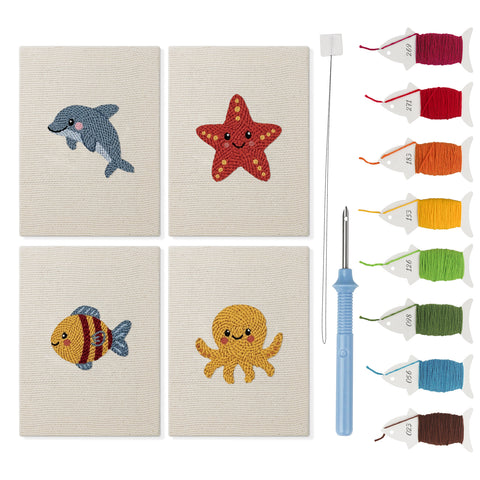 Starfish and Octopus mini punch needle kit set: four finished canvases with threads, punch needle and threader