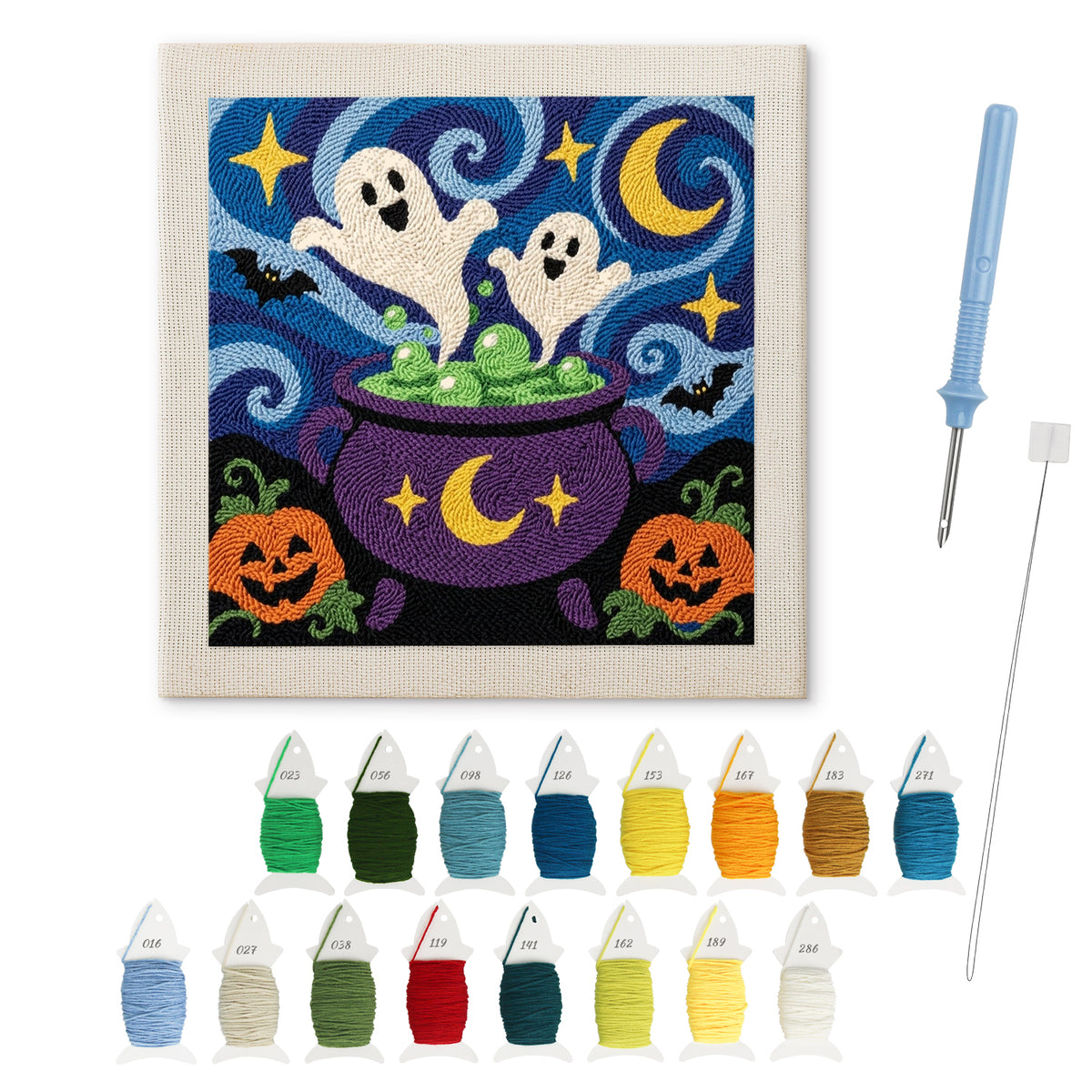 Starry Cauldron Ghosts punch needle kit: finished canvas with threads, punch needle and threader