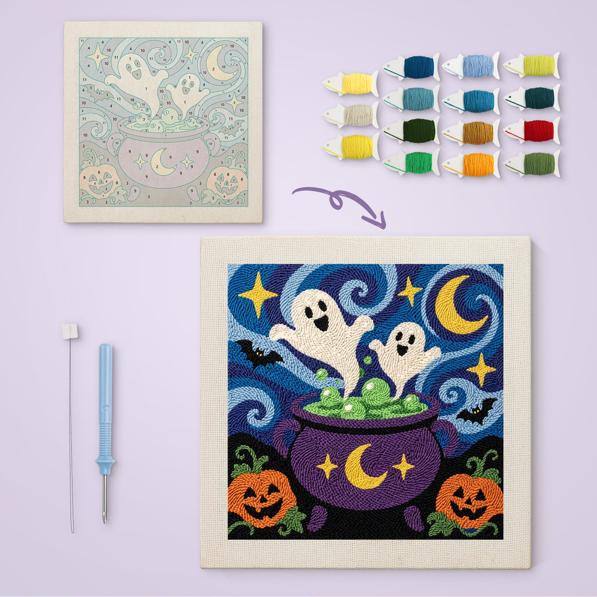 Starry Cauldron Ghosts canvas before and after punching, with the threads and tools