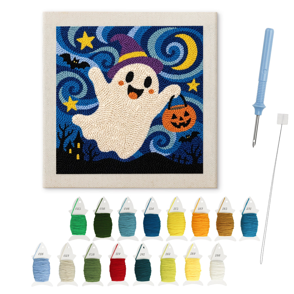 Starry Ghost Flight punch needle kit: finished canvas with threads, punch needle and threader