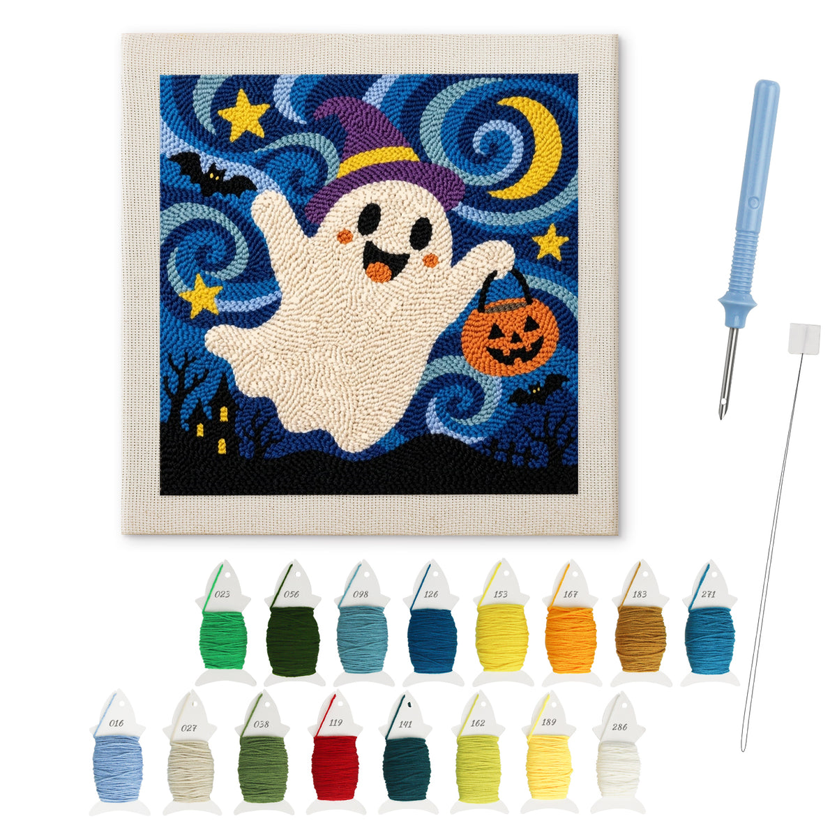Starry Ghost Flight punch needle kit: finished canvas with threads, punch needle and threader