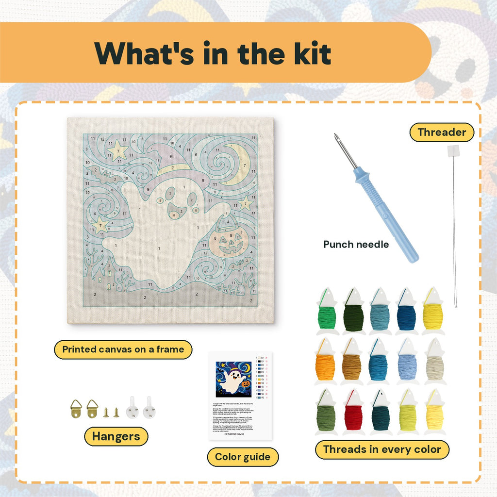 What is in the Starry Ghost Flight kit: printed canvas, punch needle, threader, threads, color guide and hangers