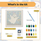 What is in the Starry Ghost Flight kit: printed canvas, punch needle, threader, threads, color guide and hangers