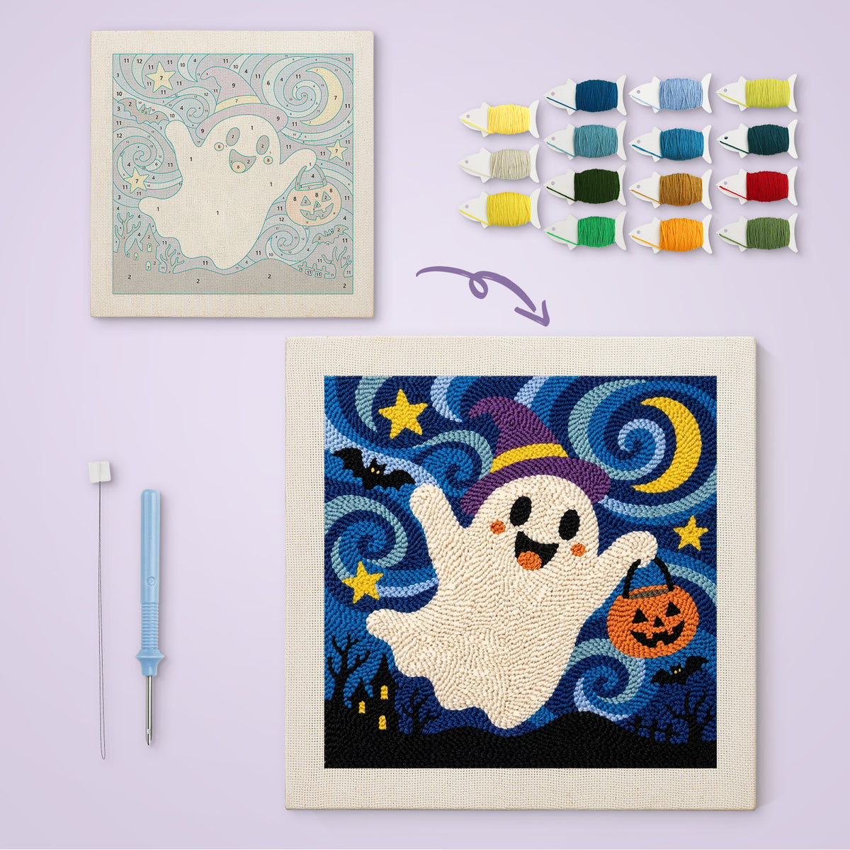 Starry Ghost Flight canvas before and after punching, with the threads and tools