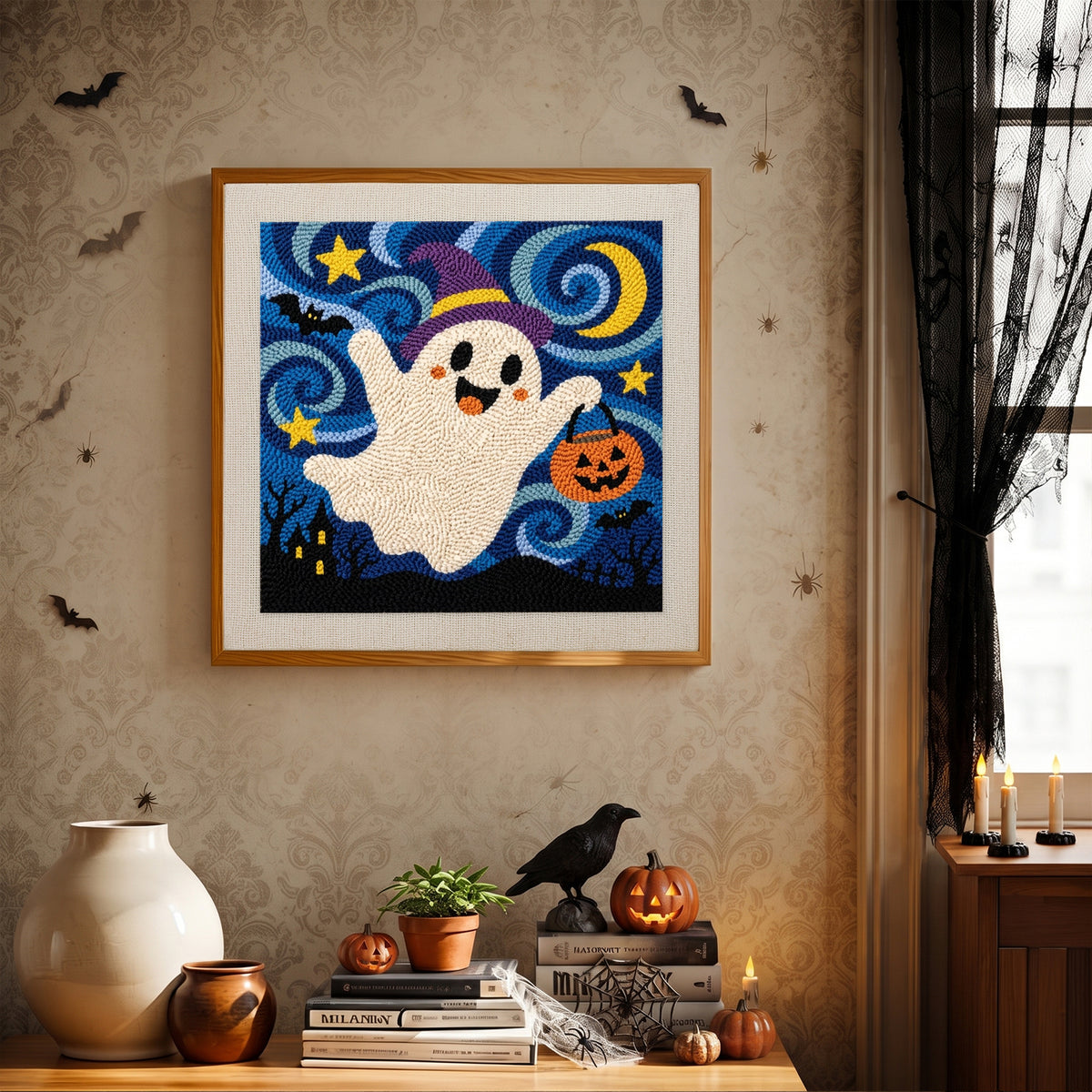 Finished Starry Ghost Flight punch needle canvas on a wall