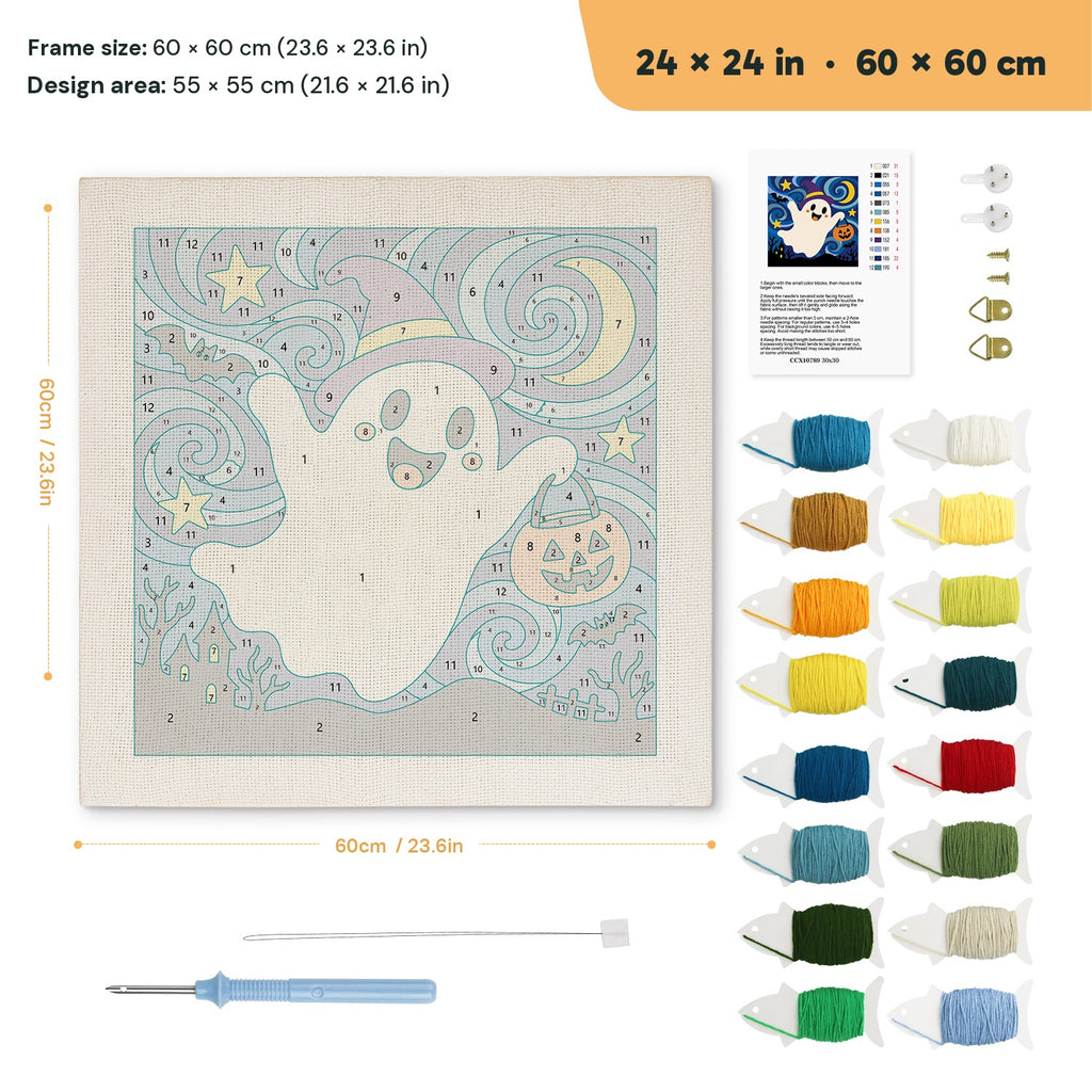 Starry Ghost Flight punch needle kit, 24 × 24 in (60 × 60 cm): canvas size and kit contents