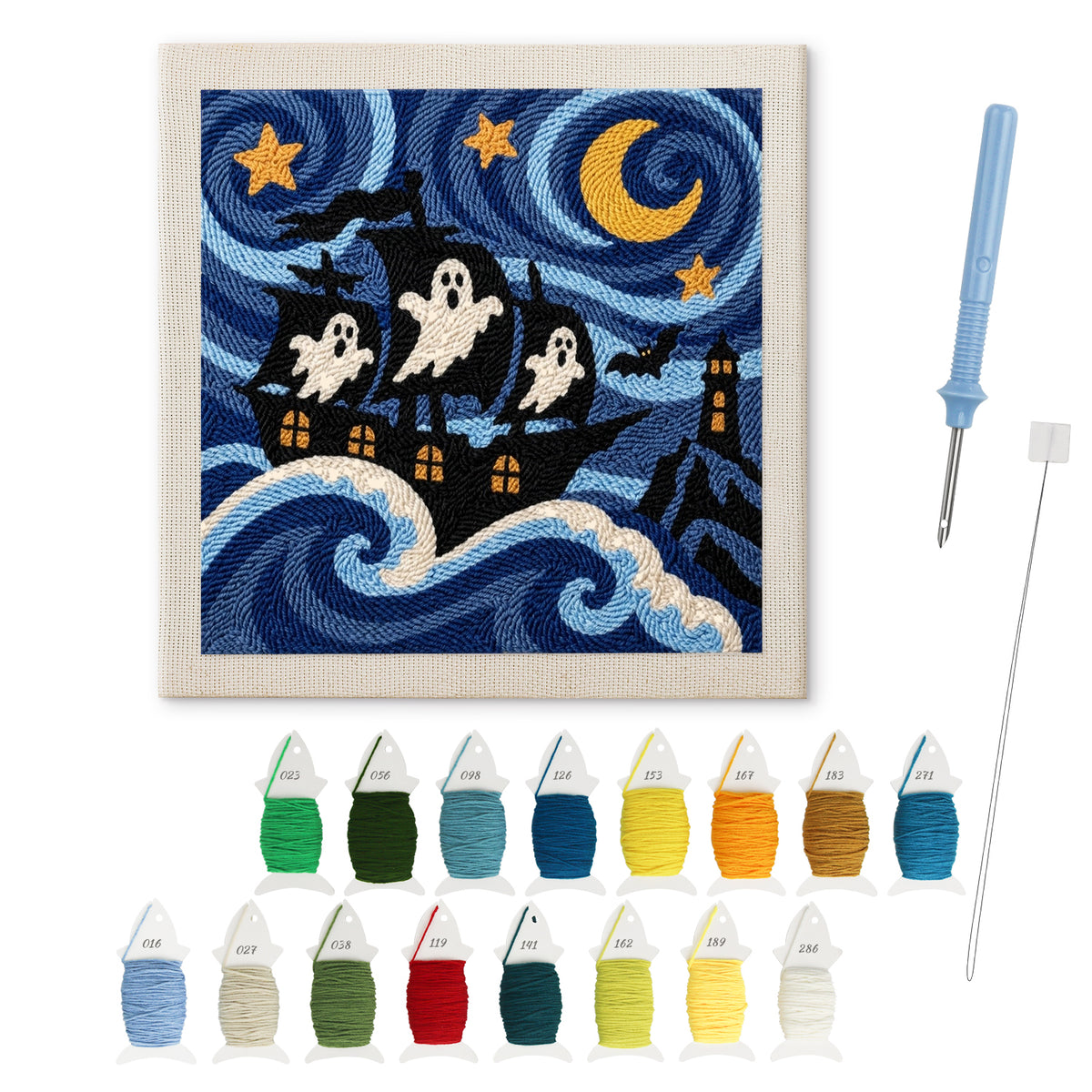 Starry Ghost Ship punch needle kit: finished canvas with threads, punch needle and threader