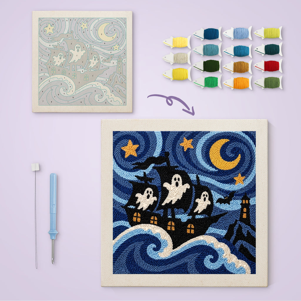 Starry Ghost Ship canvas before and after punching, with the threads and tools
