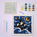 Starry Ghost Ship canvas before and after punching, with the threads and tools