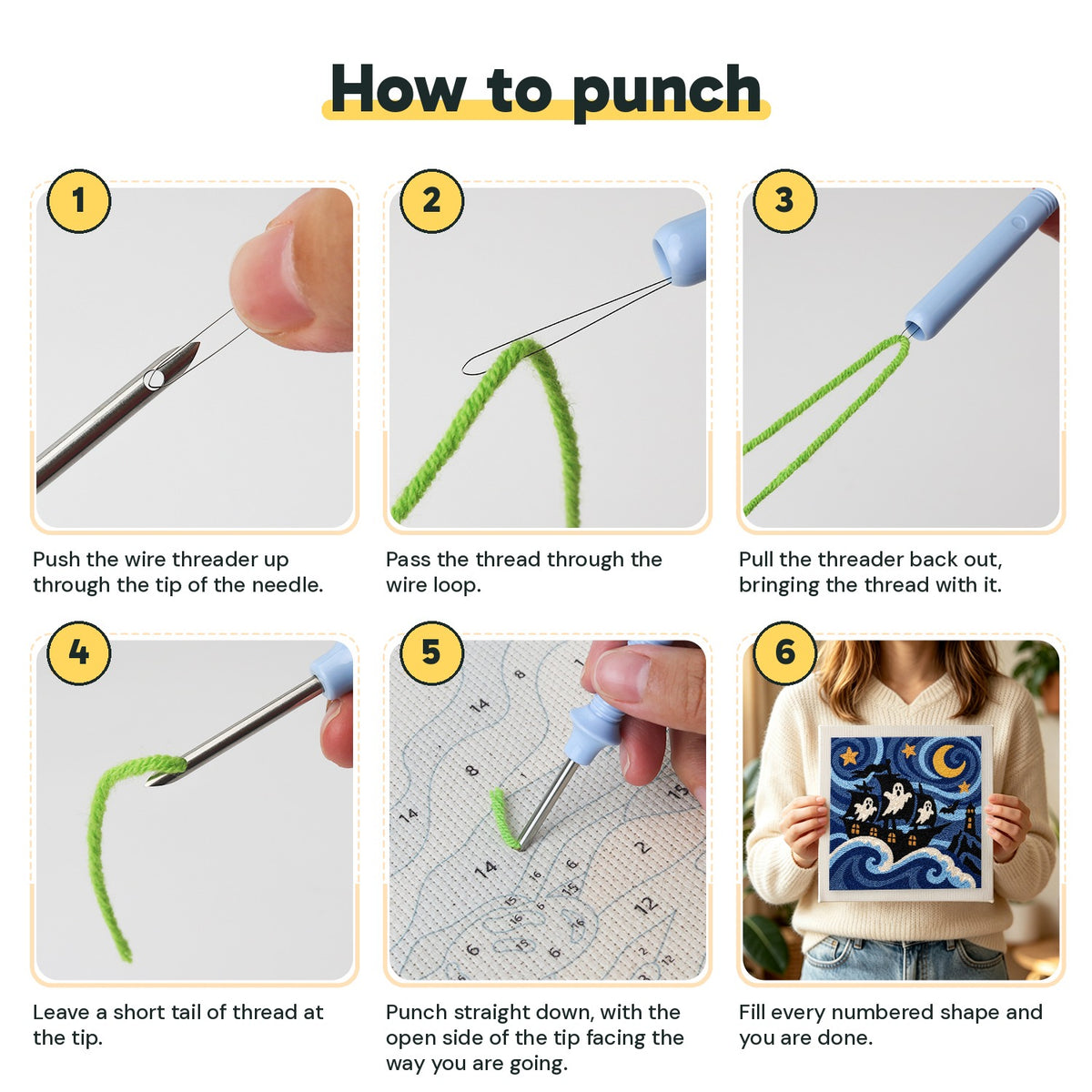 Six steps showing how to thread and use the punch needle