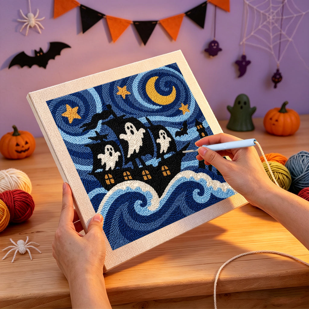 Punching the Starry Ghost Ship design with the punch needle