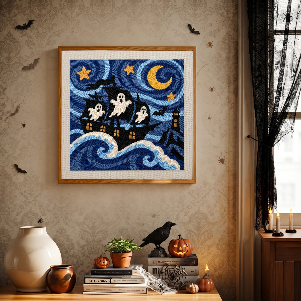 Finished Starry Ghost Ship punch needle canvas on a wall