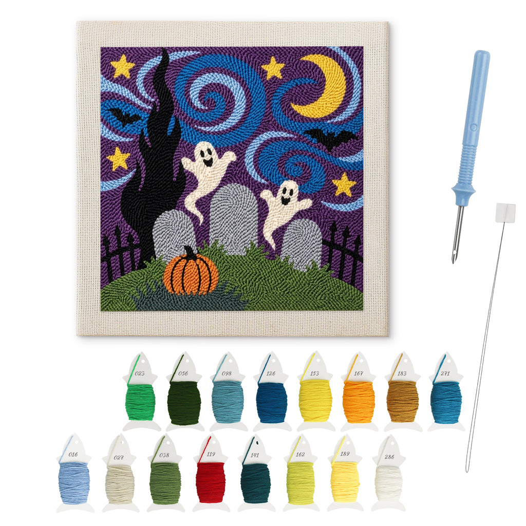 Starry Graveyard Ghosts punch needle kit: finished canvas with threads, punch needle and threader