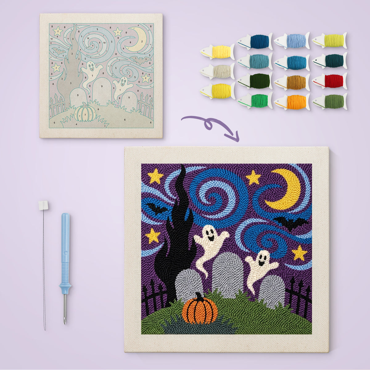 Starry Graveyard Ghosts canvas before and after punching, with the threads and tools