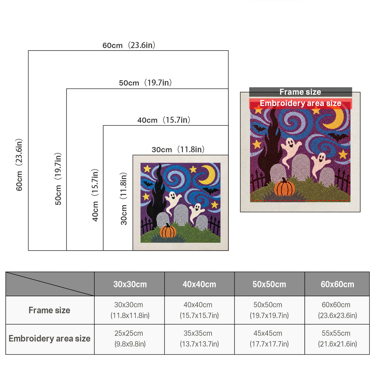 Size chart for square punch needle kits from 30 x 30 cm to 60 x 60 cm