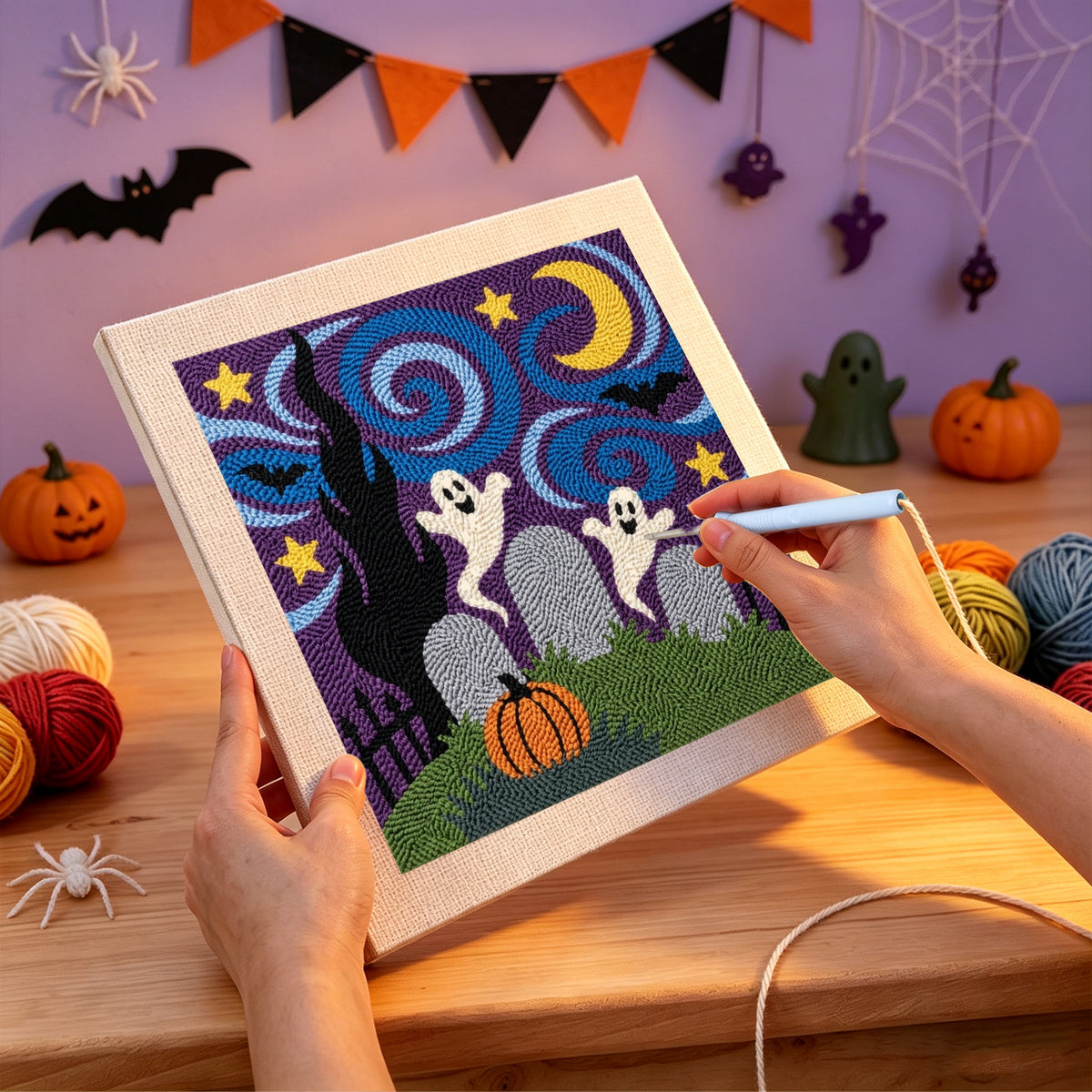 Punching the Starry Graveyard Ghosts design with the punch needle