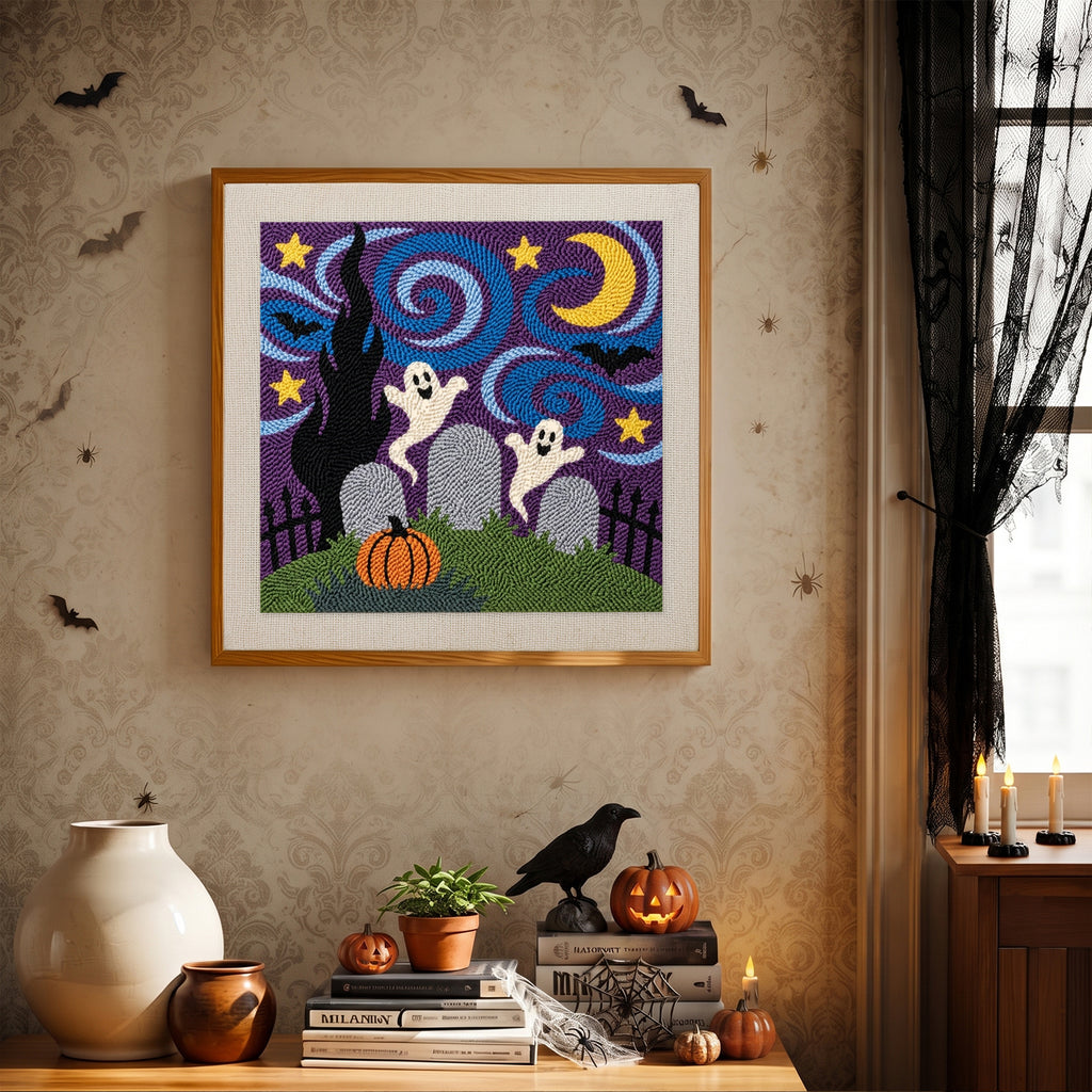 Finished Starry Graveyard Ghosts punch needle canvas on a wall