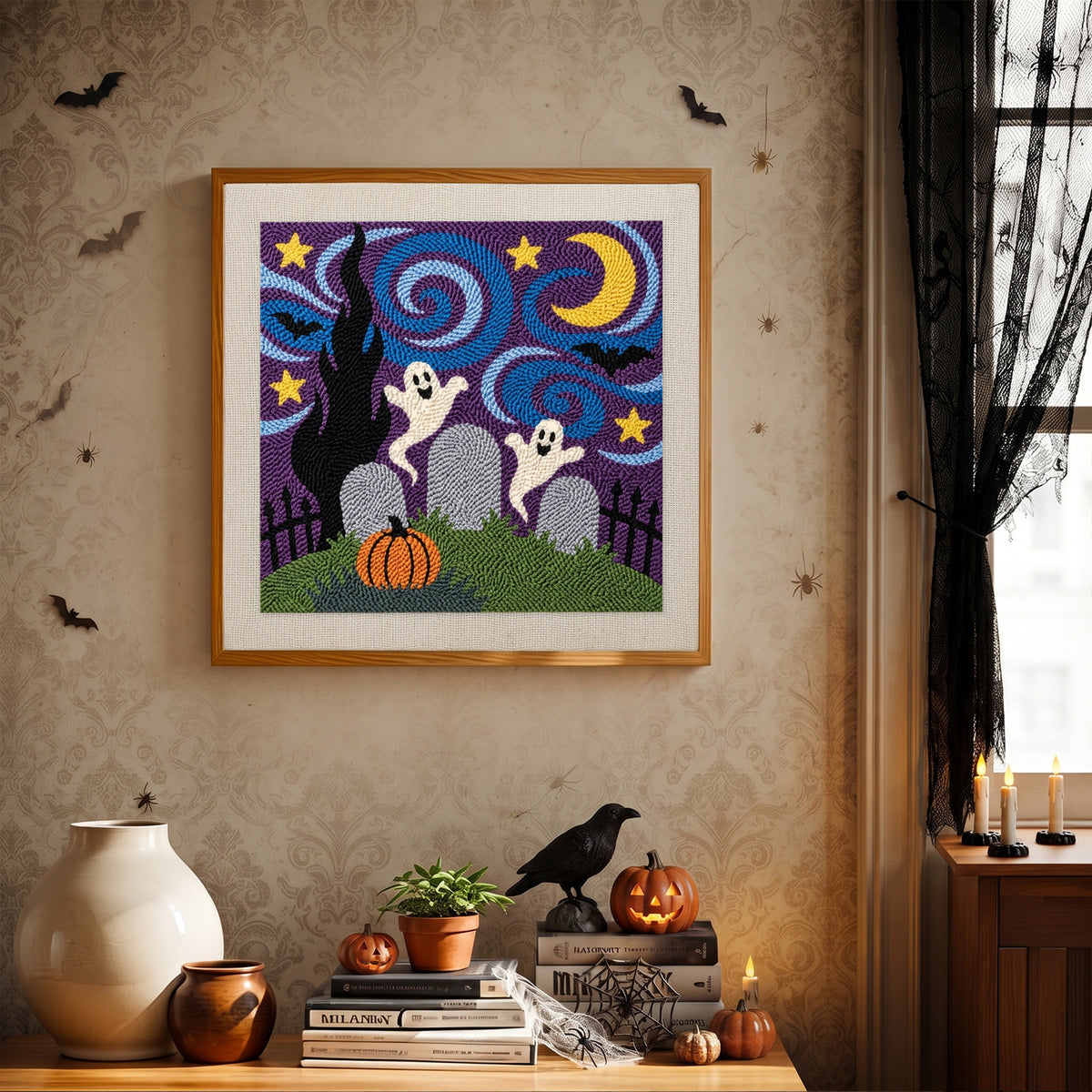 Finished Starry Graveyard Ghosts punch needle canvas on a wall